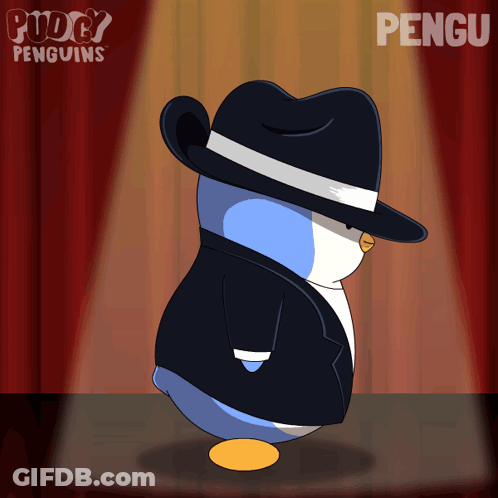 A Penguin Wearing A Hat And A Suit Is Standing In Front Of A Red Curtain With The Word Pengu On It GIF