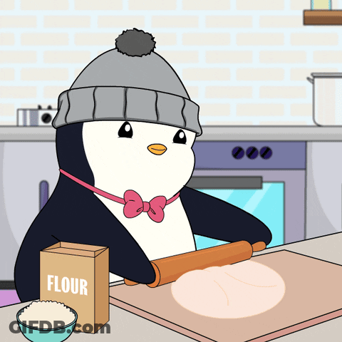 A Penguin Wearing A Hat And Bow Tie Is Rolling Out Dough Next To A Box Of Flour GIF