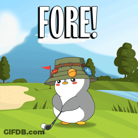 A Penguin Wearing A Hat And Holding A Golf Club On A Golf Course With The Word Fore Above Him GIF