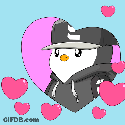 A Penguin Wearing A Hat And Hoodie Is Surrounded By Hearts GIF
