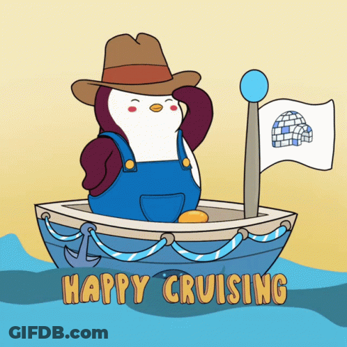 A Penguin Wearing A Hat And Overalls Is In A Boat With The Words Happy Cruising Below It GIF