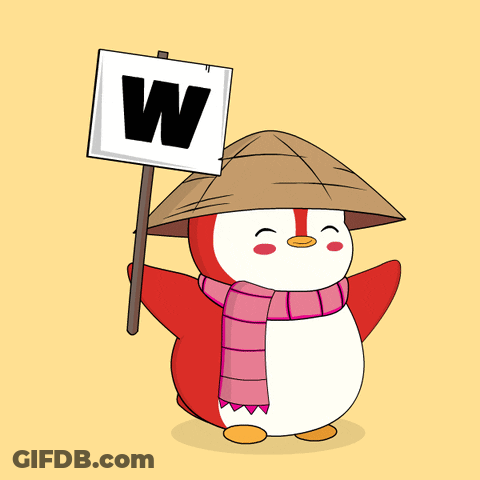 A Penguin Wearing A Hat And Scarf Holds A Sign That Says W GIF