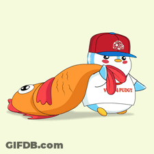 A Penguin Wearing A Hat And Scarf Is Carrying A Fish .. GIF