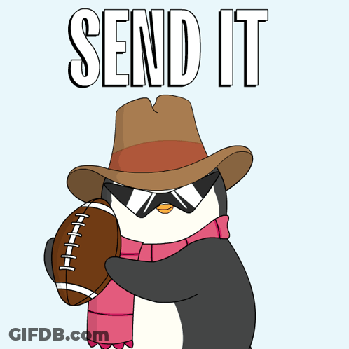 A Penguin Wearing A Hat And Scarf Is Hugging Another Penguin With The Words Send It Behind It GIF