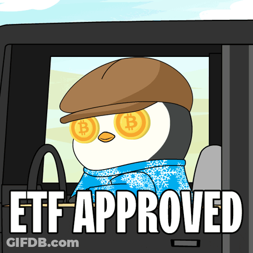 A Penguin Wearing A Hat And Scarf Is Sitting In A Car With The Words Etf Approved Below It GIF