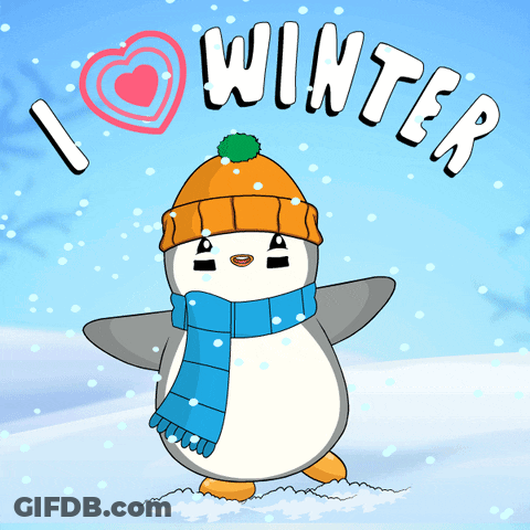 A Penguin Wearing A Hat And Scarf Is Standing In The Snow And Says " I Love Winter " GIF