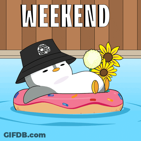 A Penguin Wearing A Hat Is Floating On A Donut In A Pool With The Word Weekend Written Above It GIF