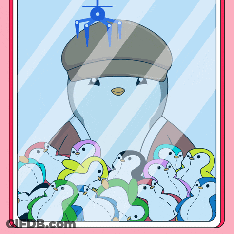A Penguin Wearing A Hat Is Surrounded By Colorful Stuffed Penguins GIF