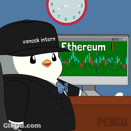 A Penguin Wearing A Hat That Says " Vaneck Intern " GIF