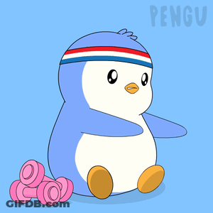A Penguin Wearing A Headband And Dumbbells With The Word Penguin Behind It GIF
