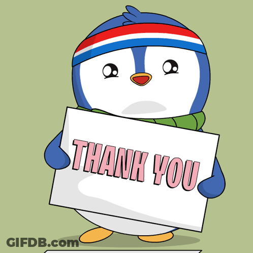 A Penguin Wearing A Headband And Scarf Holds A Thank You Sign GIF