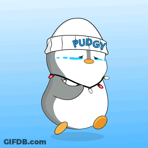 A Penguin Wearing A Headband That Says Pudgy On It GIF