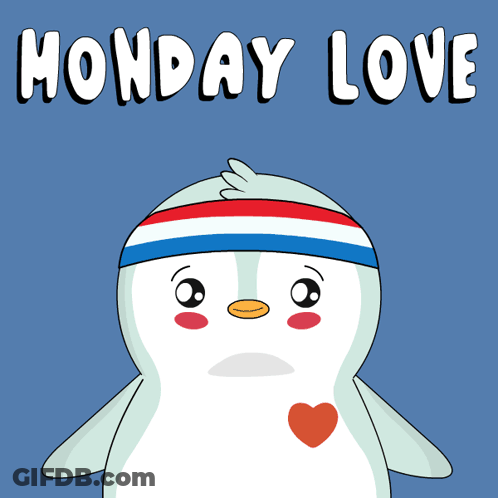 A Penguin Wearing A Headband With The Words Monday Love On It GIF