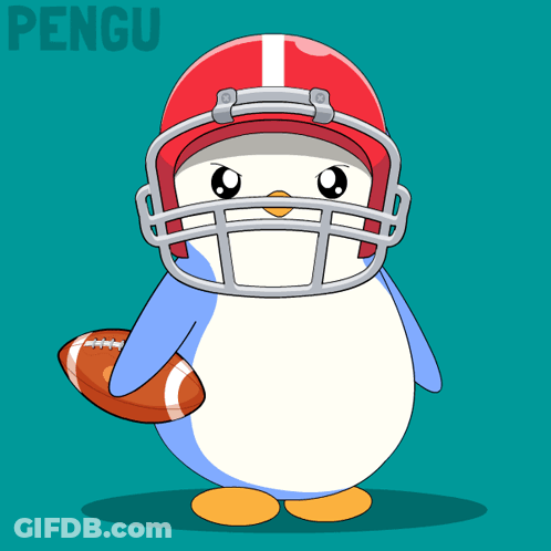 A Penguin Wearing A Helmet And Holding A Football With The Word Pengu On The Bottom GIF
