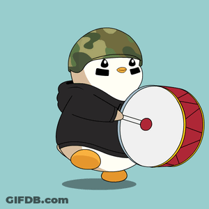 A Penguin Wearing A Helmet Is Holding A Drum And A Stick GIF