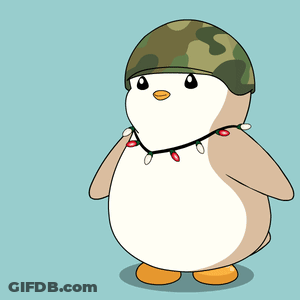 A Penguin Wearing A Helmet Is Standing In Front Of A Day Sign GIF