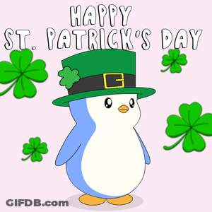 A Penguin Wearing A Leprechaun Hat And Holding Four Leaf Clovers Says Happy St Patrick 'S Day GIF