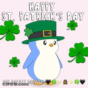 A Penguin Wearing A Leprechaun Hat Is Holding A Clover . GIF