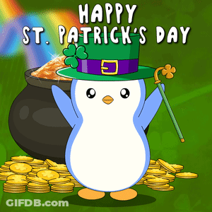 A Penguin Wearing A Leprechaun Hat Stands In Front Of A Pot Of Gold Coins GIF