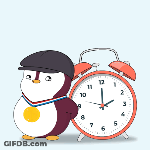 A Penguin Wearing A Medal Stands Next To An Alarm Clock With The Words Daylight Savings Written Above It GIF