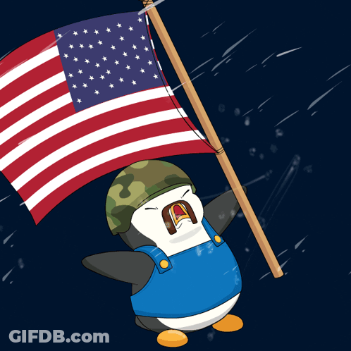 A Penguin Wearing A Military Helmet Holds An American Flag GIF