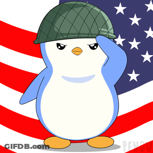 A Penguin Wearing A Military Helmet Stands In Front Of A Flag GIF