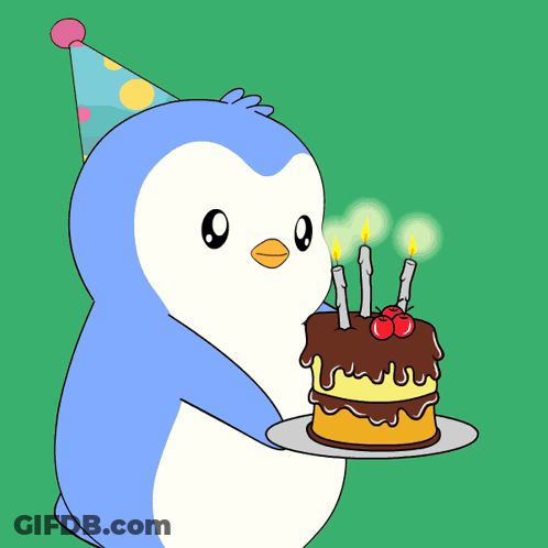 A Penguin Wearing A Party Hat Blows Out Candles On A Cake GIF
