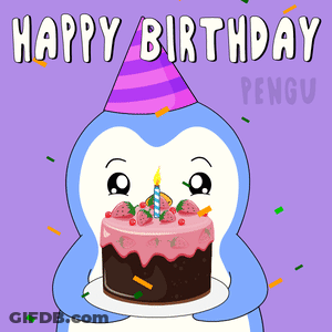 A Penguin Wearing A Party Hat Is Holding A Birthday Cake With Strawberries And A Candle GIF