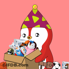A Penguin Wearing A Party Hat Is Holding A Cardboard Box Full Of Toys GIF