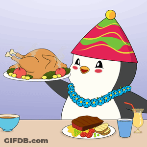 A Penguin Wearing A Party Hat Is Holding Up A Plate Of Food GIF