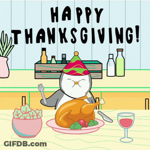 A Penguin Wearing A Party Hat Is Sitting At A Table With A Turkey And A Glass Of Wine GIF
