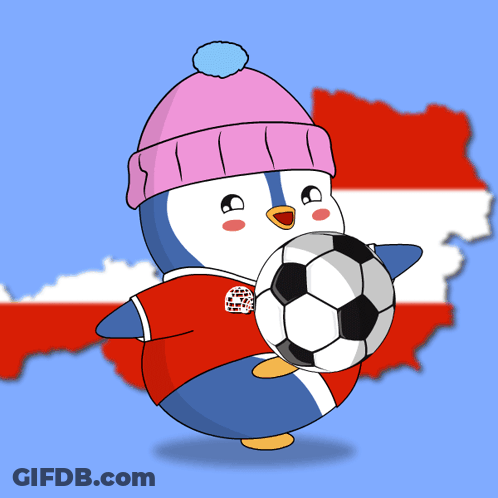 A Penguin Wearing A Pink Hat And A Red Shirt Holds A Soccer Ball GIF