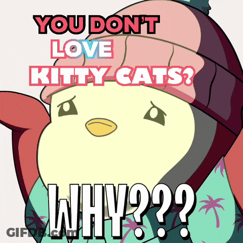 A Penguin Wearing A Pink Hat Says You Do N't Love Kitty Cats Why?? GIF