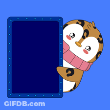 A Penguin Wearing A Pink Scarf Is Peeking Out From Behind A Blue Sign GIF