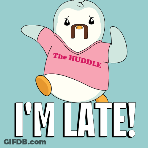 A Penguin Wearing A Pink Shirt That Says " The Huddle " GIF