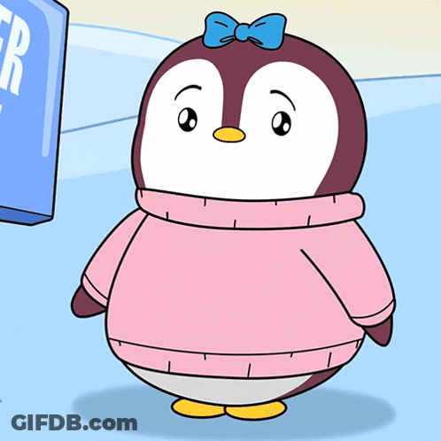 A Penguin Wearing A Pink Sweater And A Blue Bow GIF
