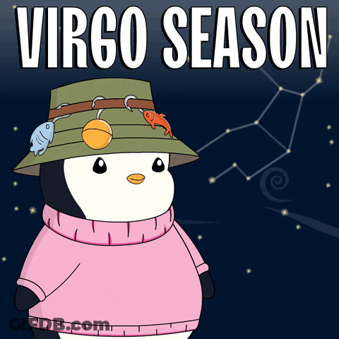 A Penguin Wearing A Pink Sweater And A Hat With The Words Virgo Season On It GIF