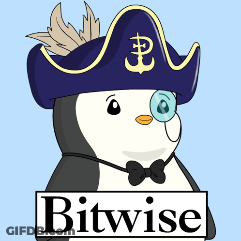 A Penguin Wearing A Pirate Hat And A Bow Tie Is Holding A Sign That Says " Bitwise " GIF