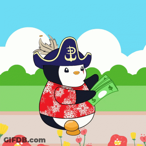 A Penguin Wearing A Pirate Hat And A Red Shirt Holds A Dollar Bill GIF