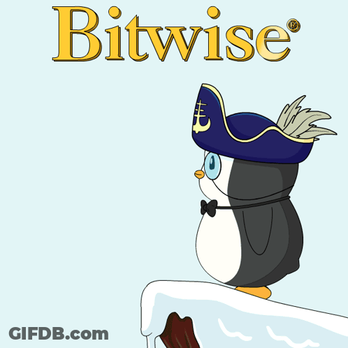 A Penguin Wearing A Pirate Hat Is Holding A Gold Pyramid And The Word Bitwise Is Above It GIF