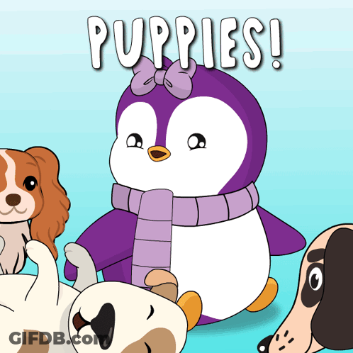 A Penguin Wearing A Purple Scarf Is Surrounded By Other Puppies GIF