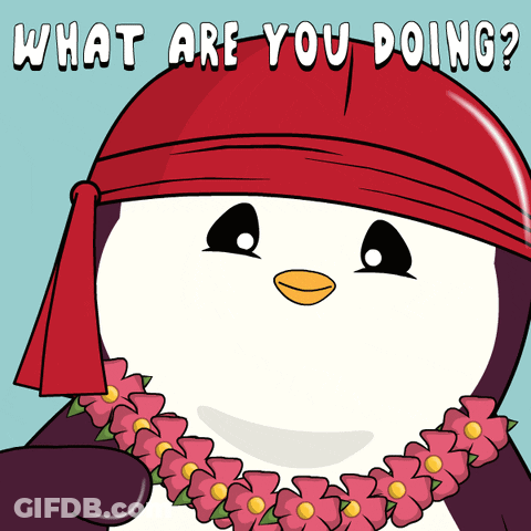 A Penguin Wearing A Red Bandana And Flowers Around Its Neck Is Asking What Are You Doing GIF
