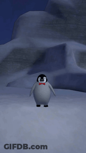 A Penguin Wearing A Red Bow Tie Is Standing In A Snowy Area GIF
