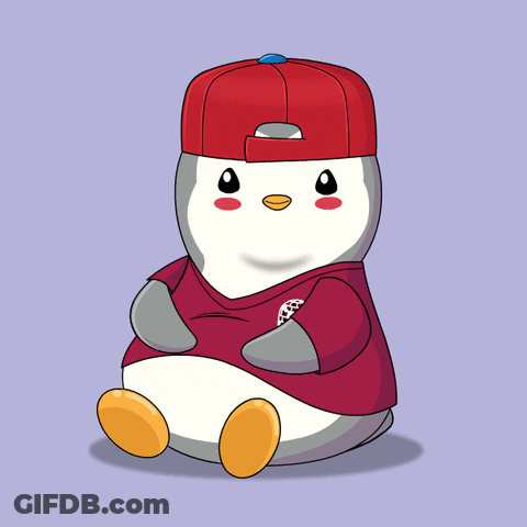 A Penguin Wearing A Red Hat And A Maroon Shirt With The Letter B On It GIF