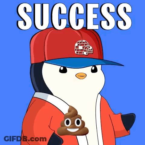 A Penguin Wearing A Red Hat And Holding A Pile Of Poop With The Word Success Above It GIF
