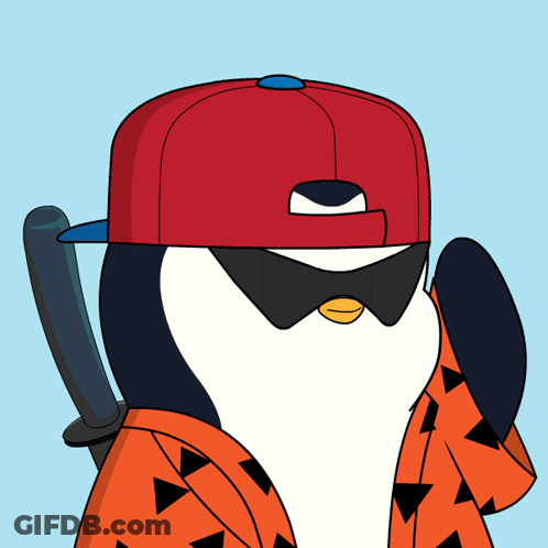 A Penguin Wearing A Red Hat And Sunglasses Holds A Bat GIF