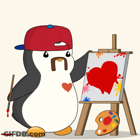 A Penguin Wearing A Red Hat Is Painting A Picture Of A Heart GIF