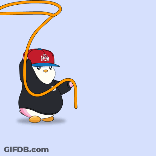A Penguin Wearing A Red Hat Is Pulling A Large Gold Triangle GIF