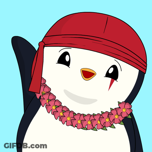 A Penguin Wearing A Red Headband And A Flower Lei Around Its Neck GIF