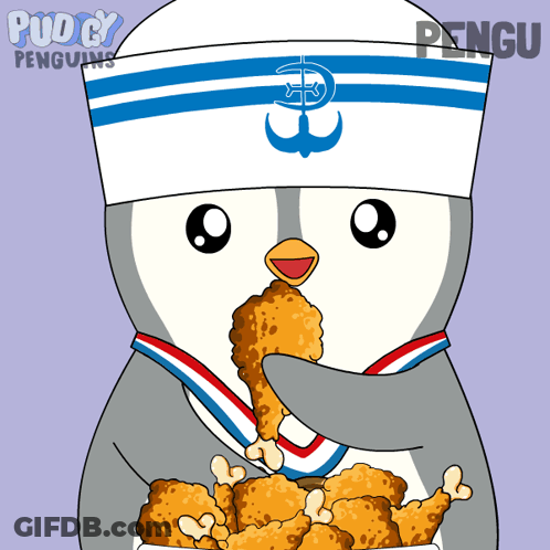 A Penguin Wearing A Sailor Hat Is Eating Fried Chicken From A Bowl GIF